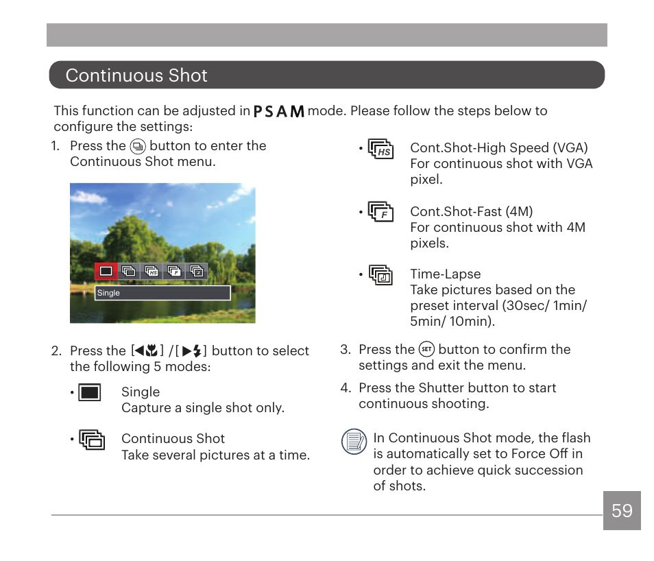 Continuous shot | Kodak PIXPRO AZ528 Digital Camera (Black) User Manual | Page 60 / 123