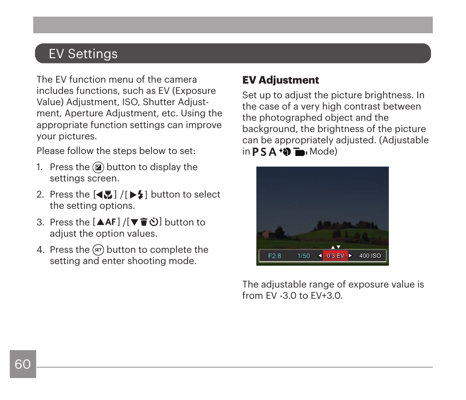 Ev settings | Kodak PIXPRO AZ528 Digital Camera (Black) User Manual | Page 61 / 123