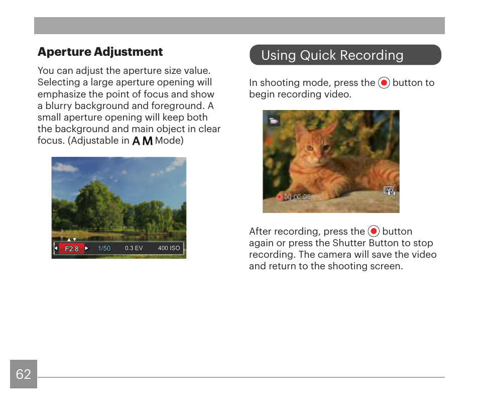 Using quick recording, Aperture adjustment | Kodak PIXPRO AZ528 Digital Camera (Black) User Manual | Page 63 / 123