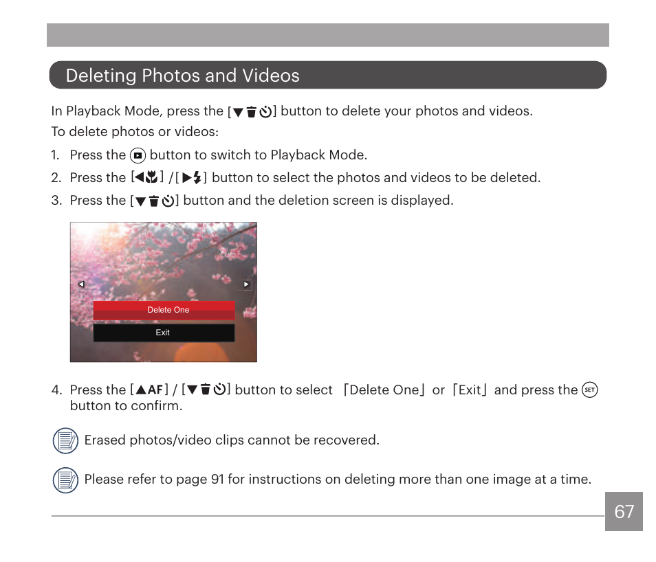Deleting photos and videos | Kodak PIXPRO AZ528 Digital Camera (Black) User Manual | Page 68 / 123