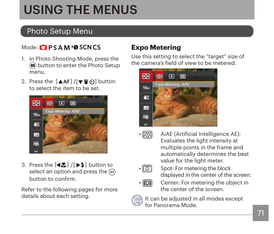 Using the menus, Expo metering | Kodak PIXPRO AZ528 Digital Camera (Black) User Manual | Page 72 / 123