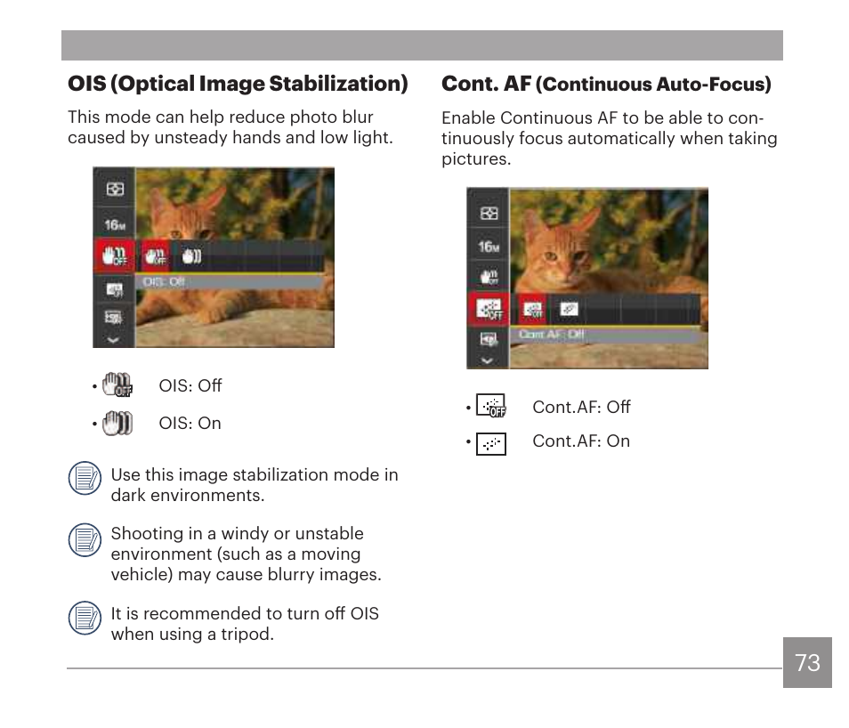 Ois (optical image stabilization), Cont. af | Kodak PIXPRO AZ528 Digital Camera (Black) User Manual | Page 74 / 123