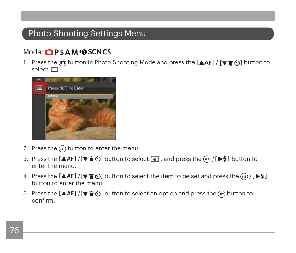 Photo shooting settings menu | Kodak PIXPRO AZ528 Digital Camera (Black) User Manual | Page 77 / 123