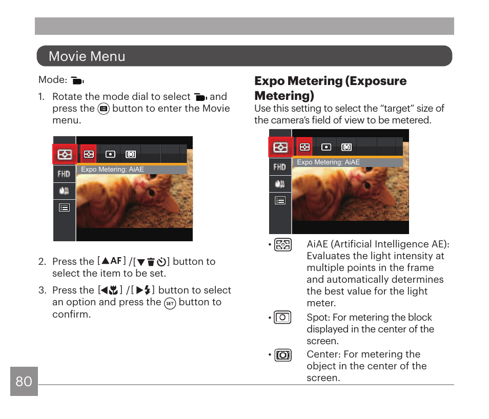 80 81 movie menu, Expo metering (exposure metering) | Kodak PIXPRO AZ528 Digital Camera (Black) User Manual | Page 81 / 123