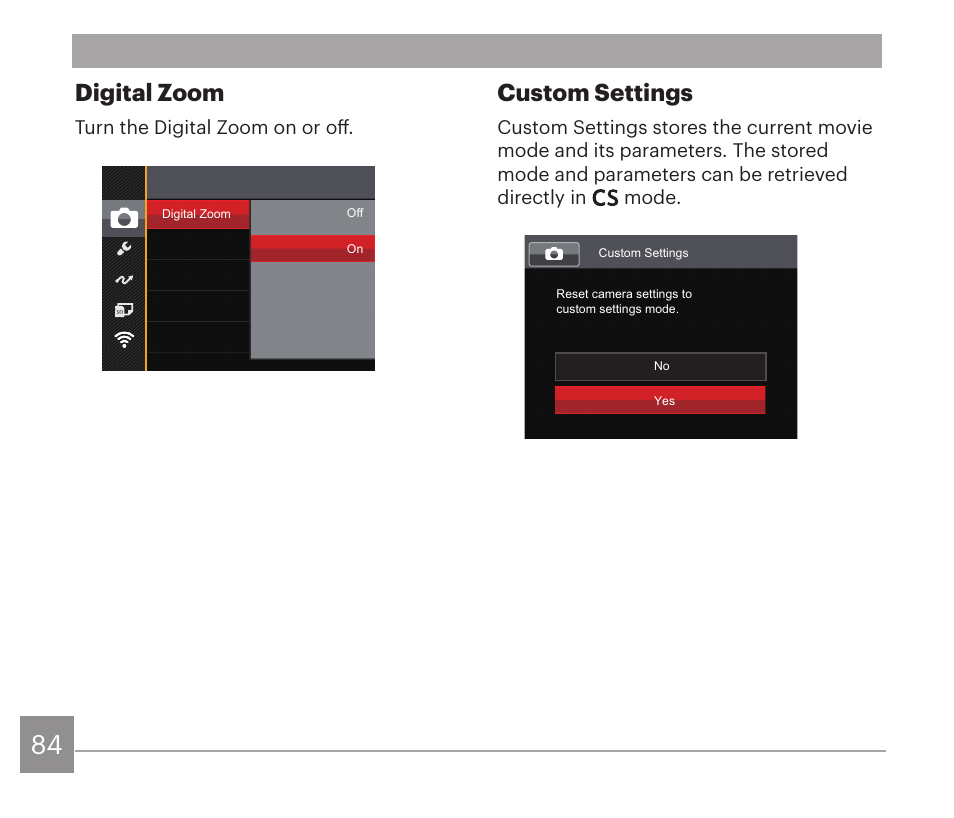 Custom settings, Digital zoom | Kodak PIXPRO AZ528 Digital Camera (Black) User Manual | Page 85 / 123