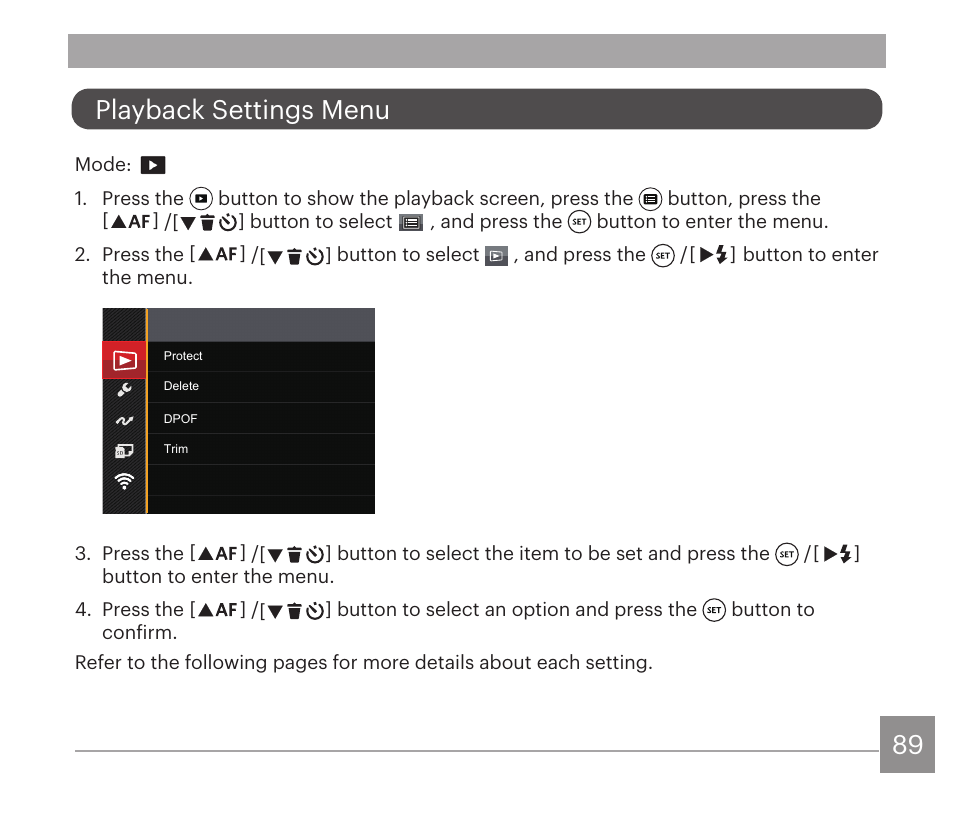 Playback settings menu | Kodak PIXPRO AZ528 Digital Camera (Black) User Manual | Page 90 / 123