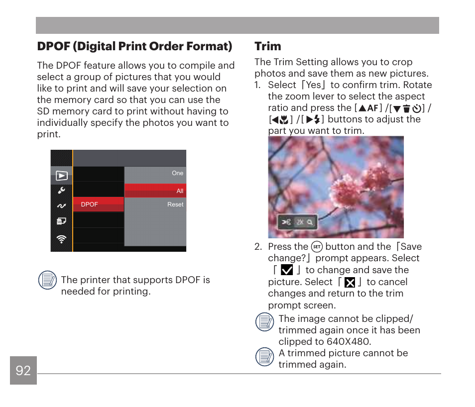 Trim, Dpof (digital print order format) | Kodak PIXPRO AZ528 Digital Camera (Black) User Manual | Page 93 / 123