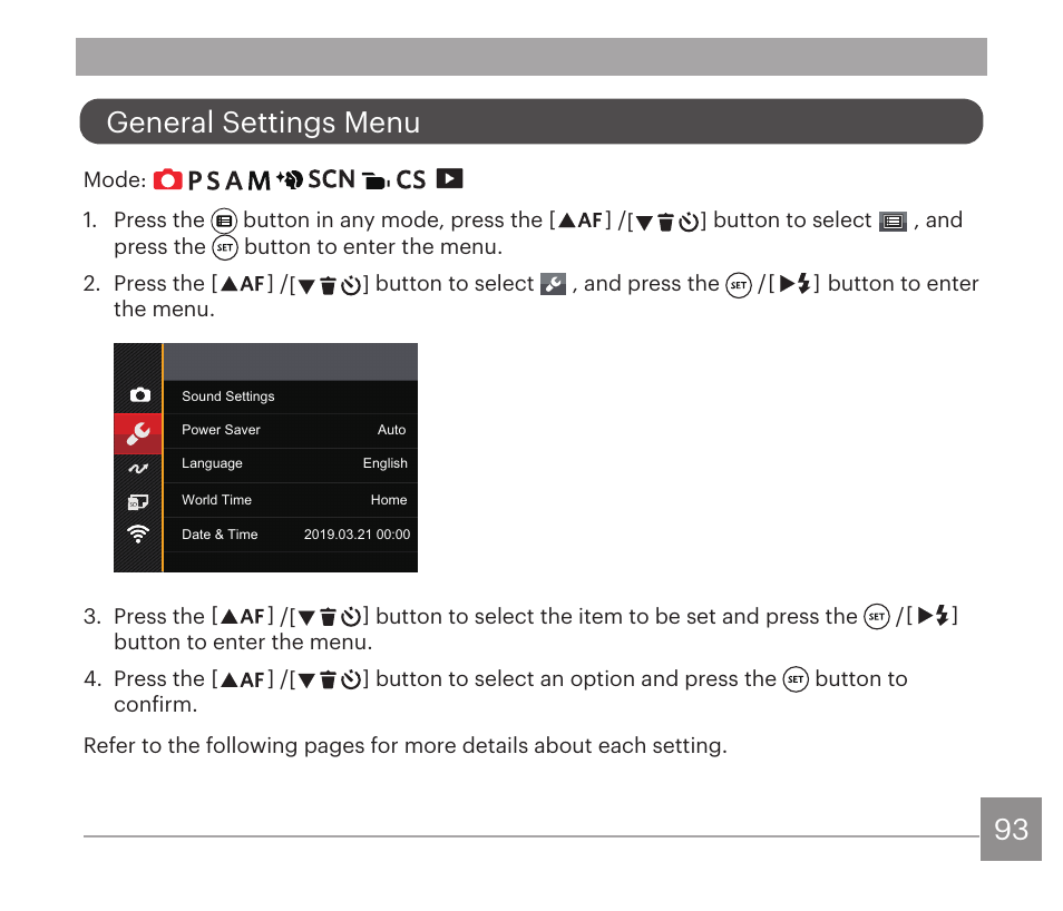 General settings menu | Kodak PIXPRO AZ528 Digital Camera (Black) User Manual | Page 94 / 123