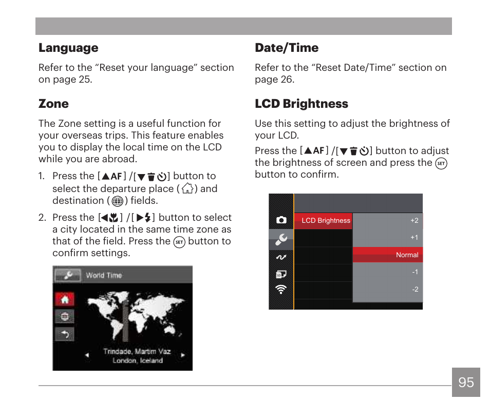 Language, Zone, Date/time | Lcd brightness | Kodak PIXPRO AZ528 Digital Camera (Black) User Manual | Page 96 / 123