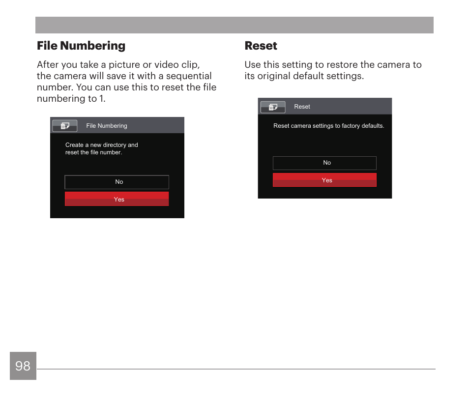 Reset, File numbering | Kodak PIXPRO AZ528 Digital Camera (Black) User Manual | Page 99 / 123