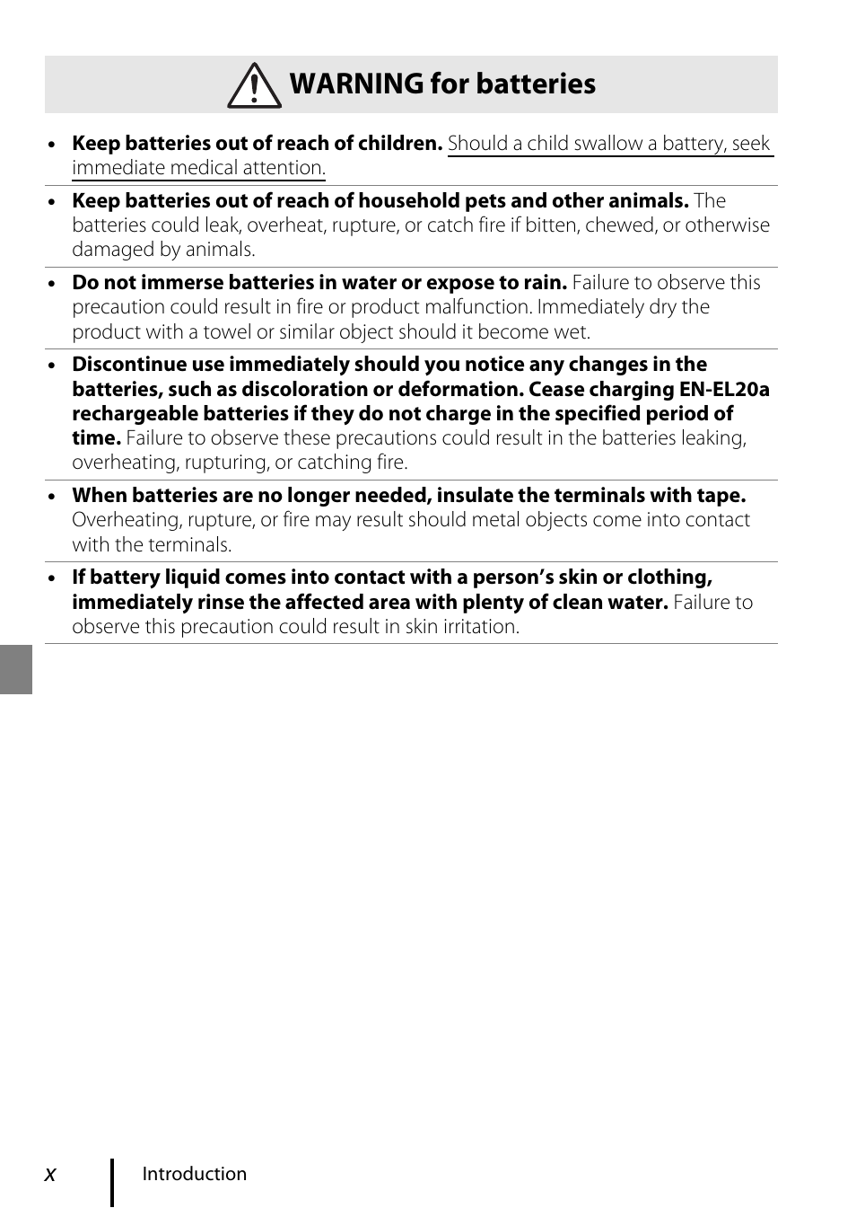 Warning for batteries | Nikon COOLPIX P950 Digital Camera User Manual | Page 10 / 44