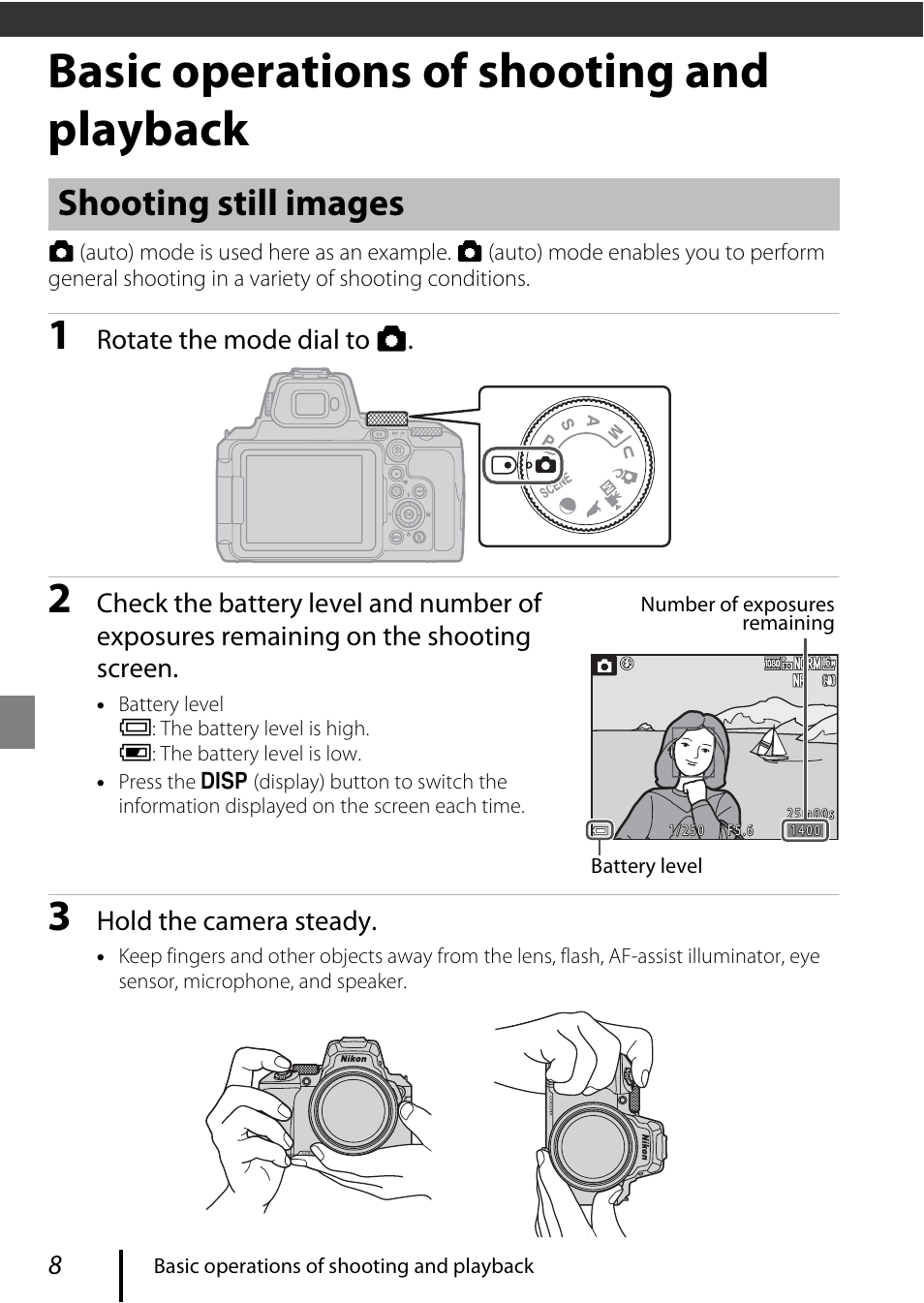 Basic operations of shooting and playback, Shooting still images, Rotate the mode dial to a | Hold the camera steady | Nikon COOLPIX P950 Digital Camera User Manual | Page 18 / 44
