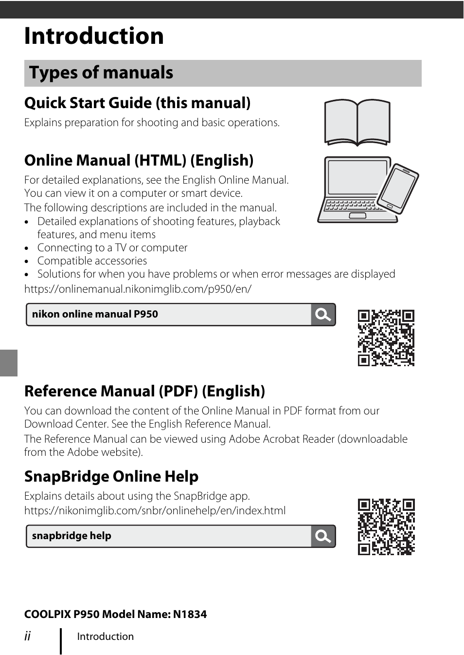 Introduction, Types of manuals, Quick start guide (this manual) | Online manual (html) (english), Reference manual (pdf) (english), Snapbridge online help | Nikon COOLPIX P950 Digital Camera User Manual | Page 2 / 44