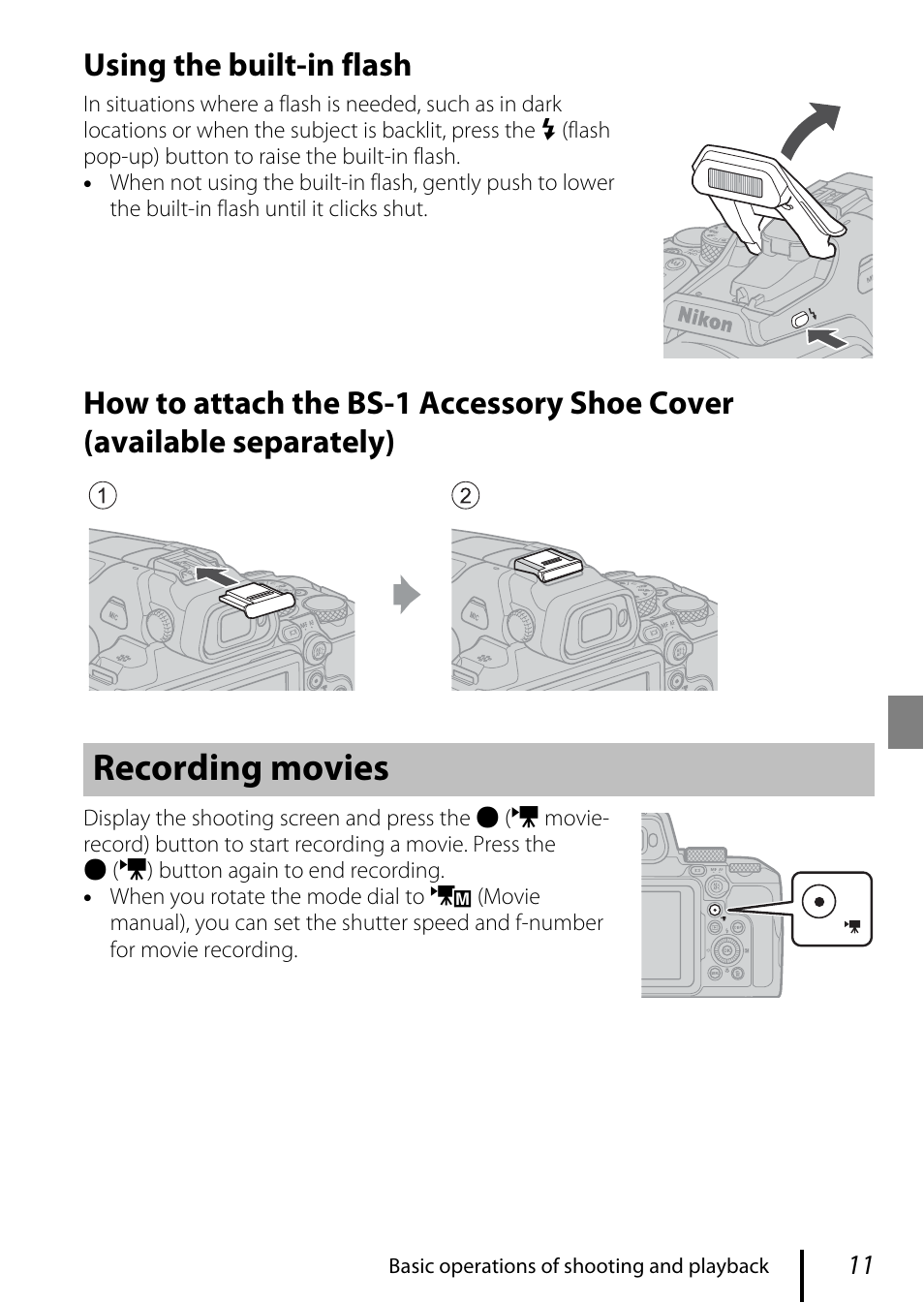 Recording movies, Using the built-in flash | Nikon COOLPIX P950 Digital Camera User Manual | Page 21 / 44