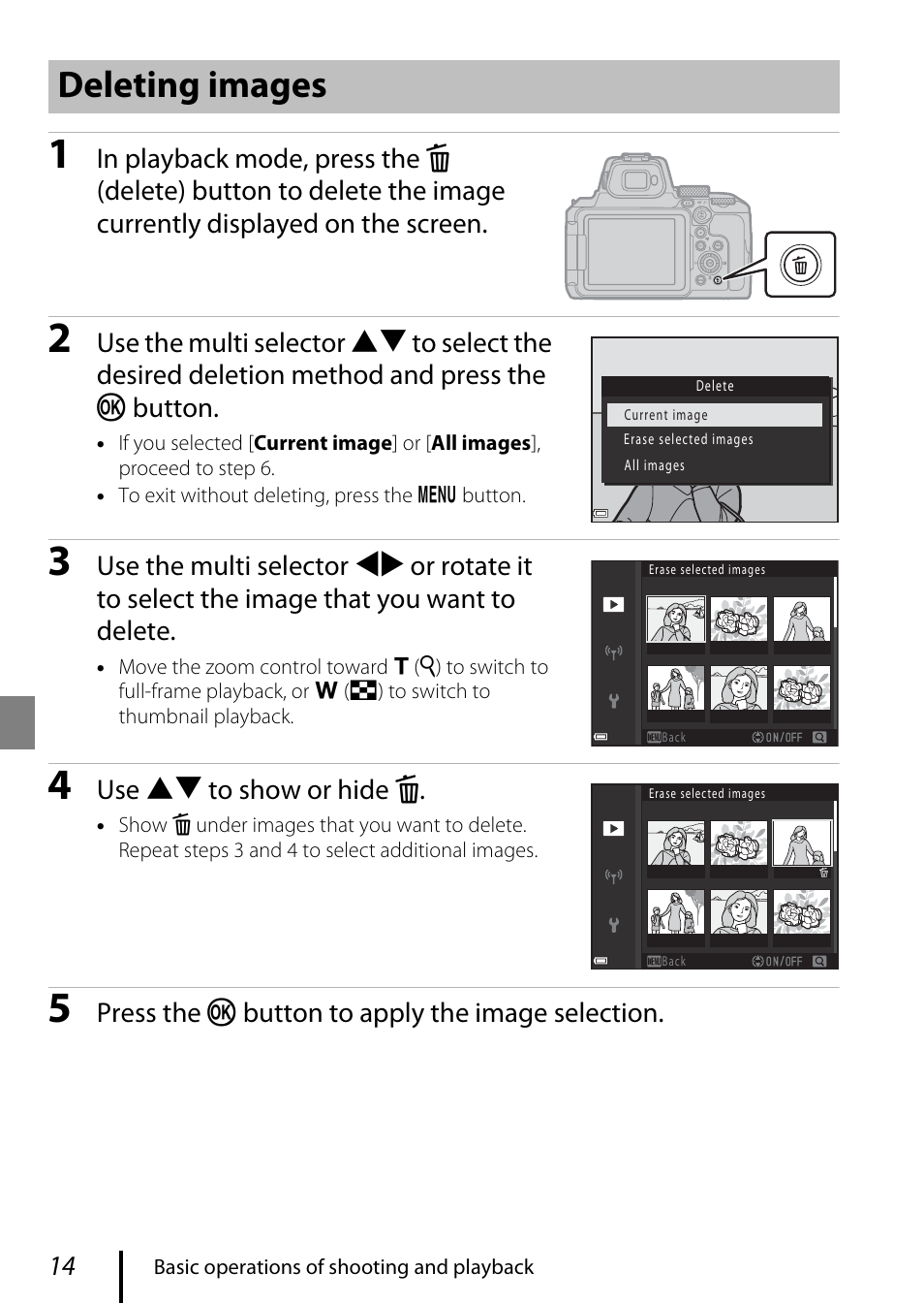 Deleting images, Use hi to show or hide l, Press the k button to apply the image selection | Nikon COOLPIX P950 Digital Camera User Manual | Page 24 / 44