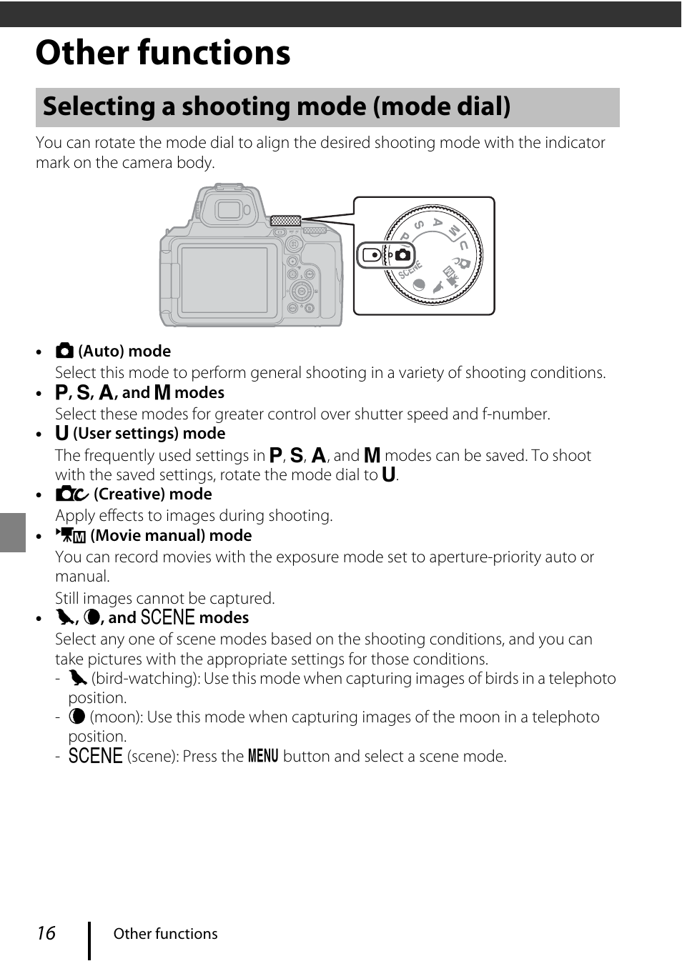 Other functions, Selecting a shooting mode (mode dial) | Nikon COOLPIX P950 Digital Camera User Manual | Page 26 / 44