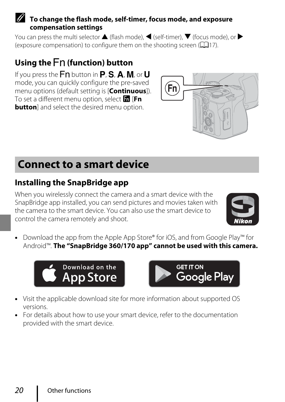 Connect to a smart device, Using the w (function) button, Installing the snapbridge app | Nikon COOLPIX P950 Digital Camera User Manual | Page 30 / 44