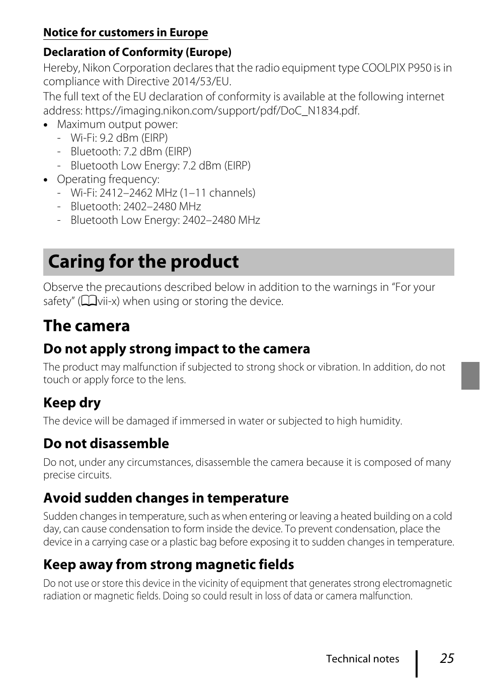 The product, Caring for the product, The camera | Nikon COOLPIX P950 Digital Camera User Manual | Page 35 / 44