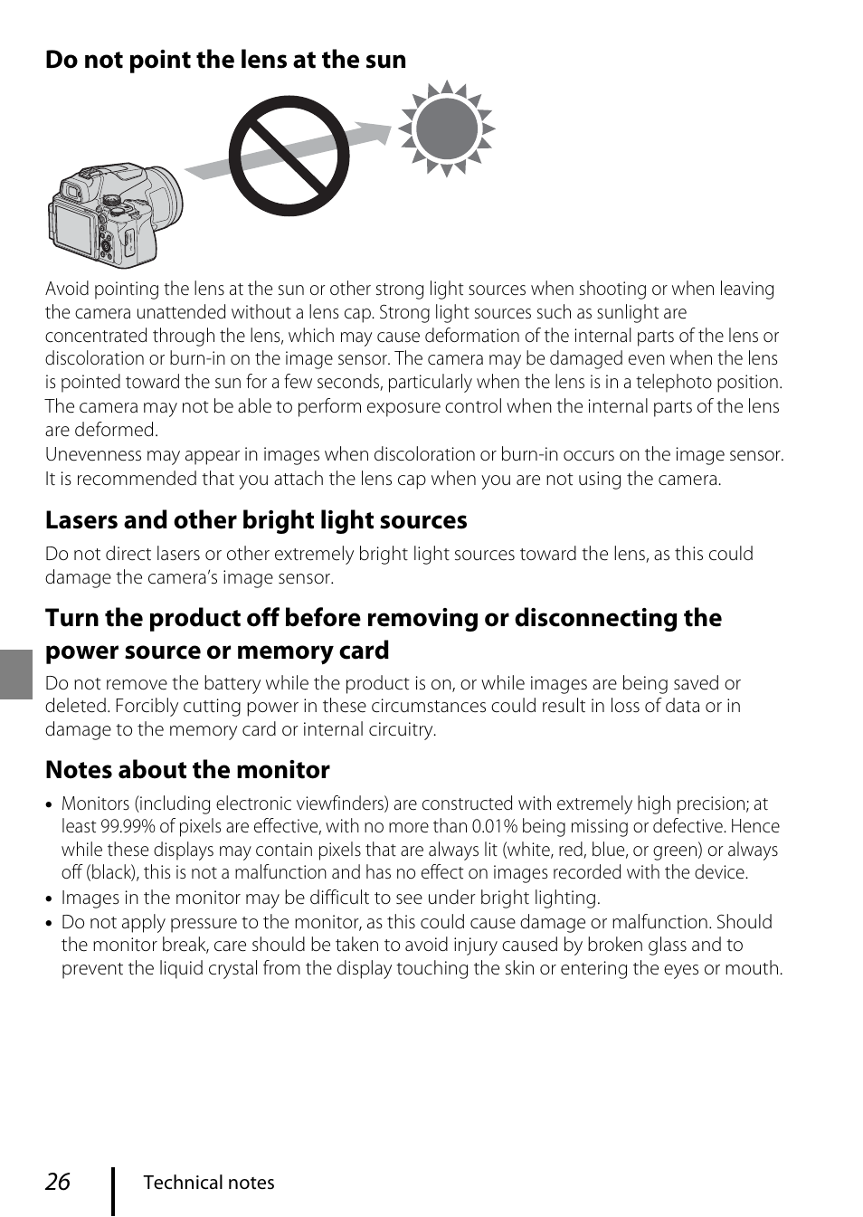 Do not point the lens at the sun, Lasers and other bright light sources | Nikon COOLPIX P950 Digital Camera User Manual | Page 36 / 44