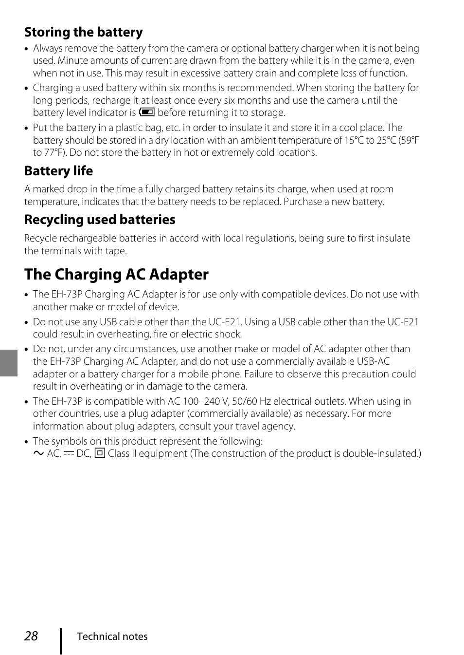 The charging ac adapter, Storing the battery, Battery life | Recycling used batteries | Nikon COOLPIX P950 Digital Camera User Manual | Page 38 / 44