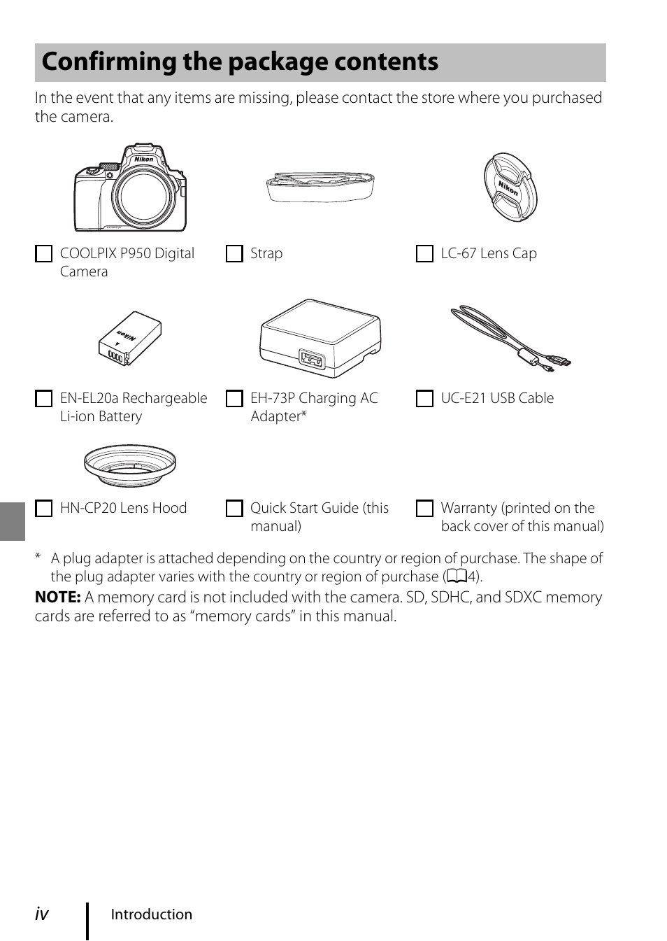 Confirming the package contents | Nikon COOLPIX P950 Digital Camera User Manual | Page 4 / 44