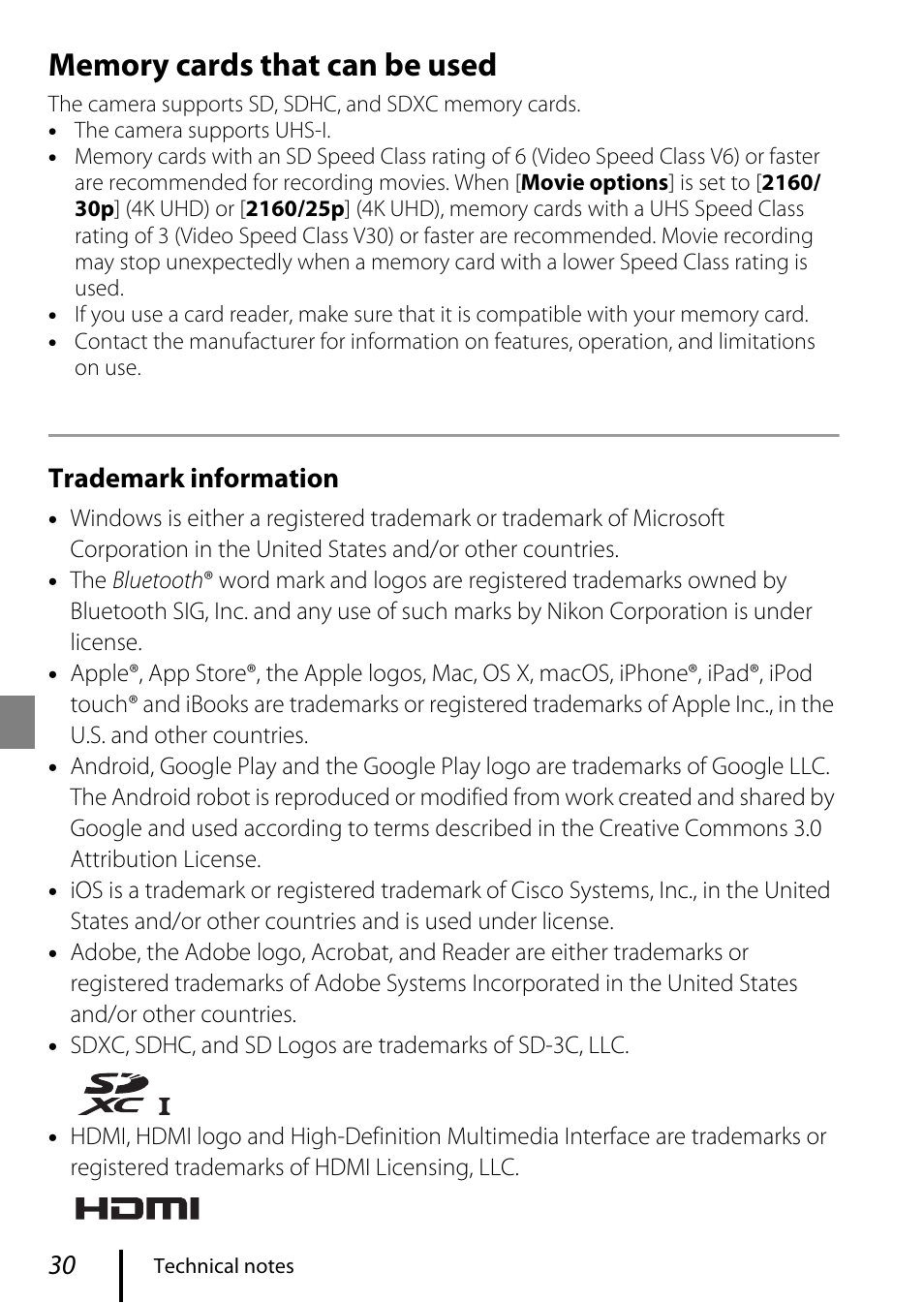 Memory cards that can be used, Trademark information | Nikon COOLPIX P950 Digital Camera User Manual | Page 40 / 44