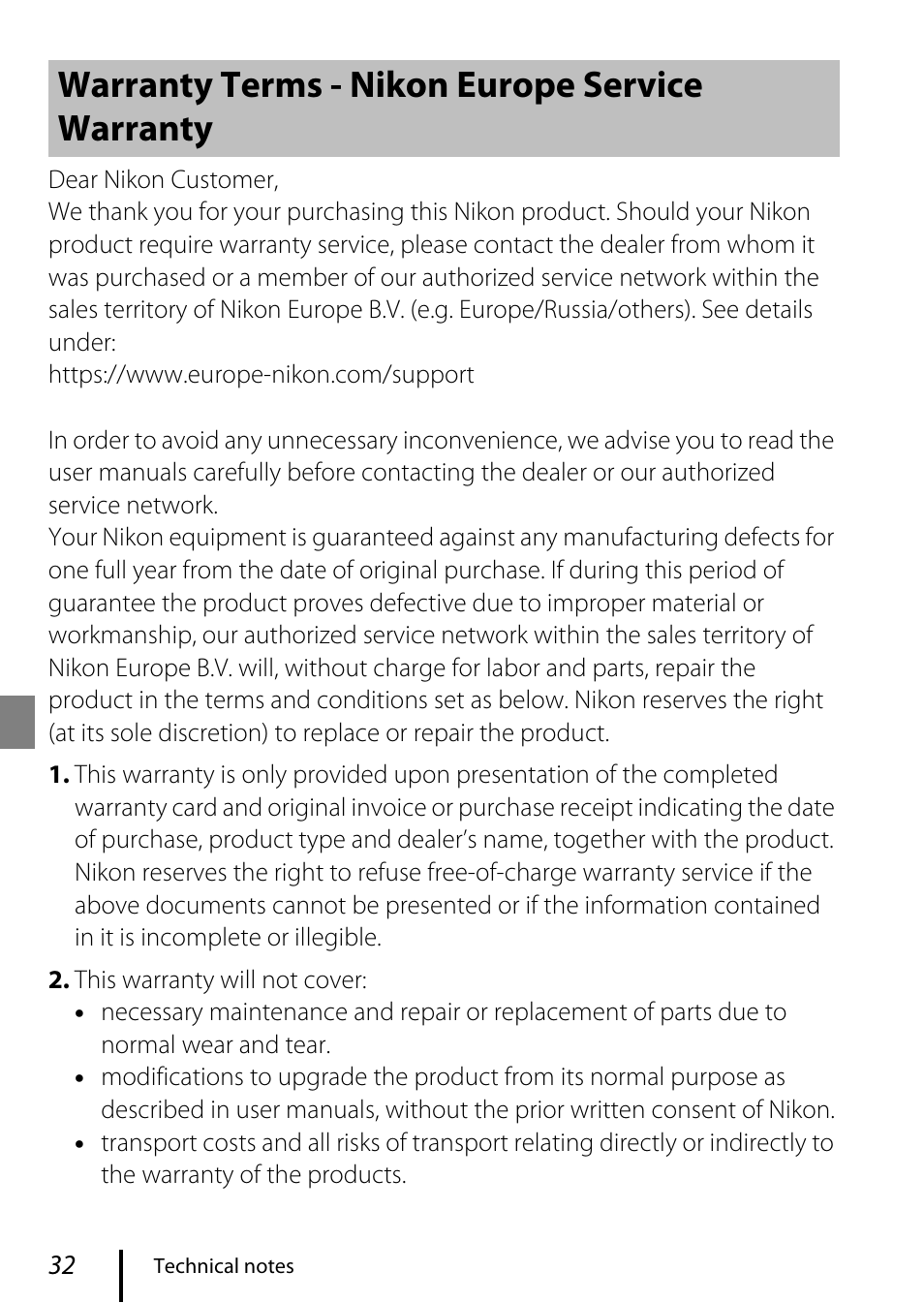 Warranty terms - nikon europe service warranty | Nikon COOLPIX P950 Digital Camera User Manual | Page 42 / 44