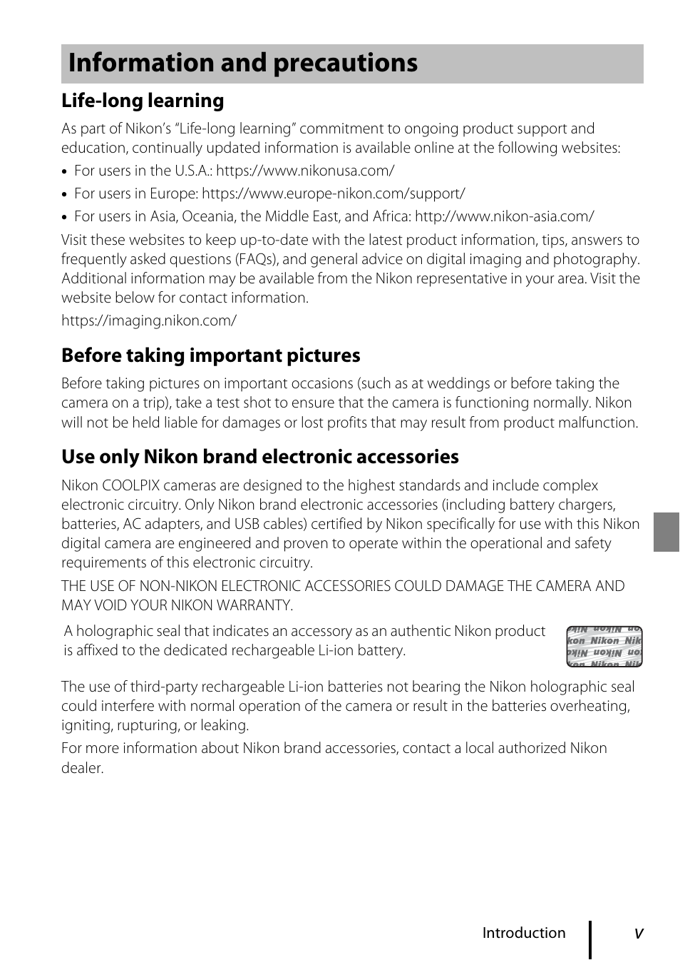 Information and precautions, Life-long learning, Before taking important pictures | Use only nikon brand electronic accessories | Nikon COOLPIX P950 Digital Camera User Manual | Page 5 / 44