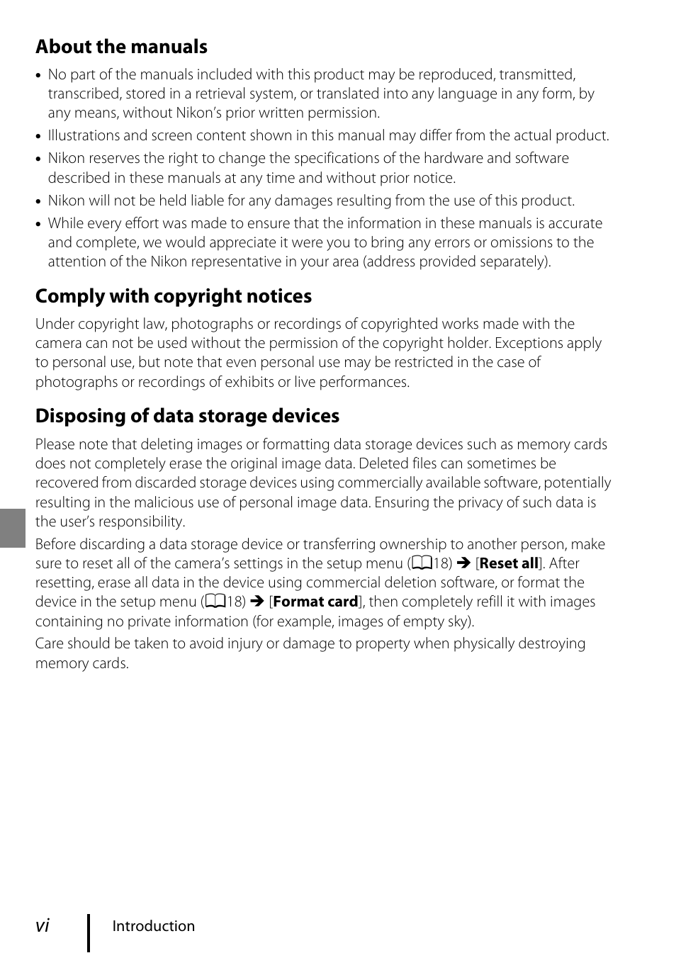 About the manuals, Comply with copyright notices, Disposing of data storage devices | Nikon COOLPIX P950 Digital Camera User Manual | Page 6 / 44