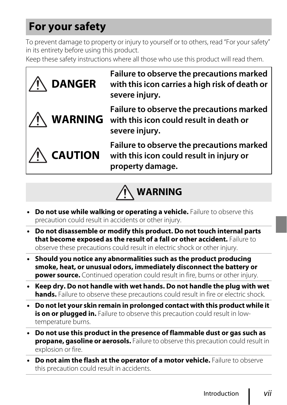 For your safety, E vii), For your safety danger | Warning, Caution | Nikon COOLPIX P950 Digital Camera User Manual | Page 7 / 44