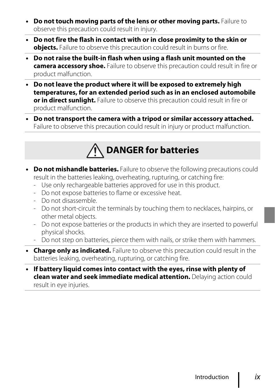 Danger for batteries | Nikon COOLPIX P950 Digital Camera User Manual | Page 9 / 44