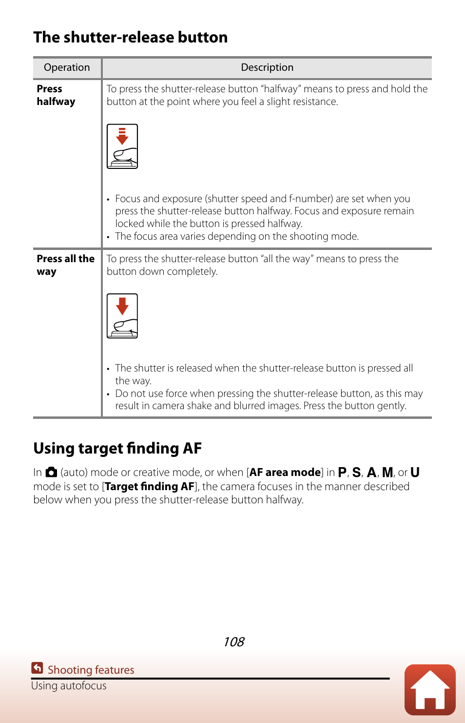 The shutter-release button, Using target finding af | Nikon COOLPIX P950 Digital Camera User Manual | Page 108 / 306