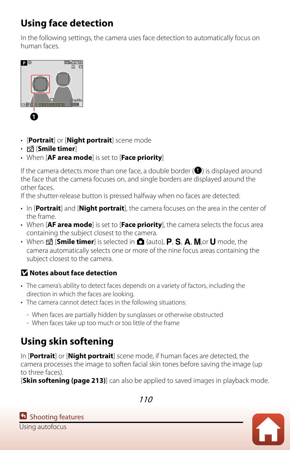 Using face detection, Using skin softening | Nikon COOLPIX P950 Digital Camera User Manual | Page 110 / 306