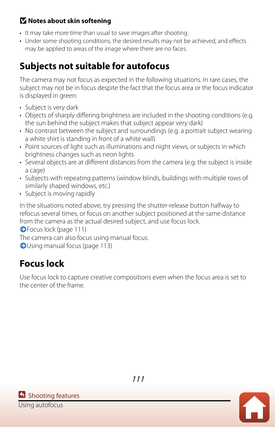Subjects not suitable for autofocus, Focus lock | Nikon COOLPIX P950 Digital Camera User Manual | Page 111 / 306