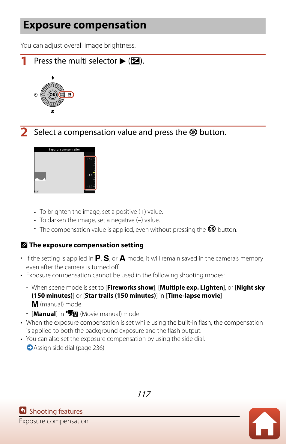 Exposure compensation, Press the multi selector ( ), Select a compensation value and press the button | Nikon COOLPIX P950 Digital Camera User Manual | Page 117 / 306