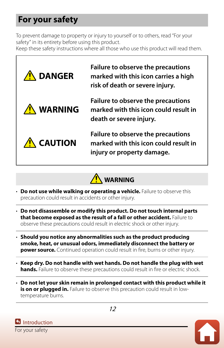 For your safety, Ead “ for, Danger | Warning, Caution | Nikon COOLPIX P950 Digital Camera User Manual | Page 12 / 306
