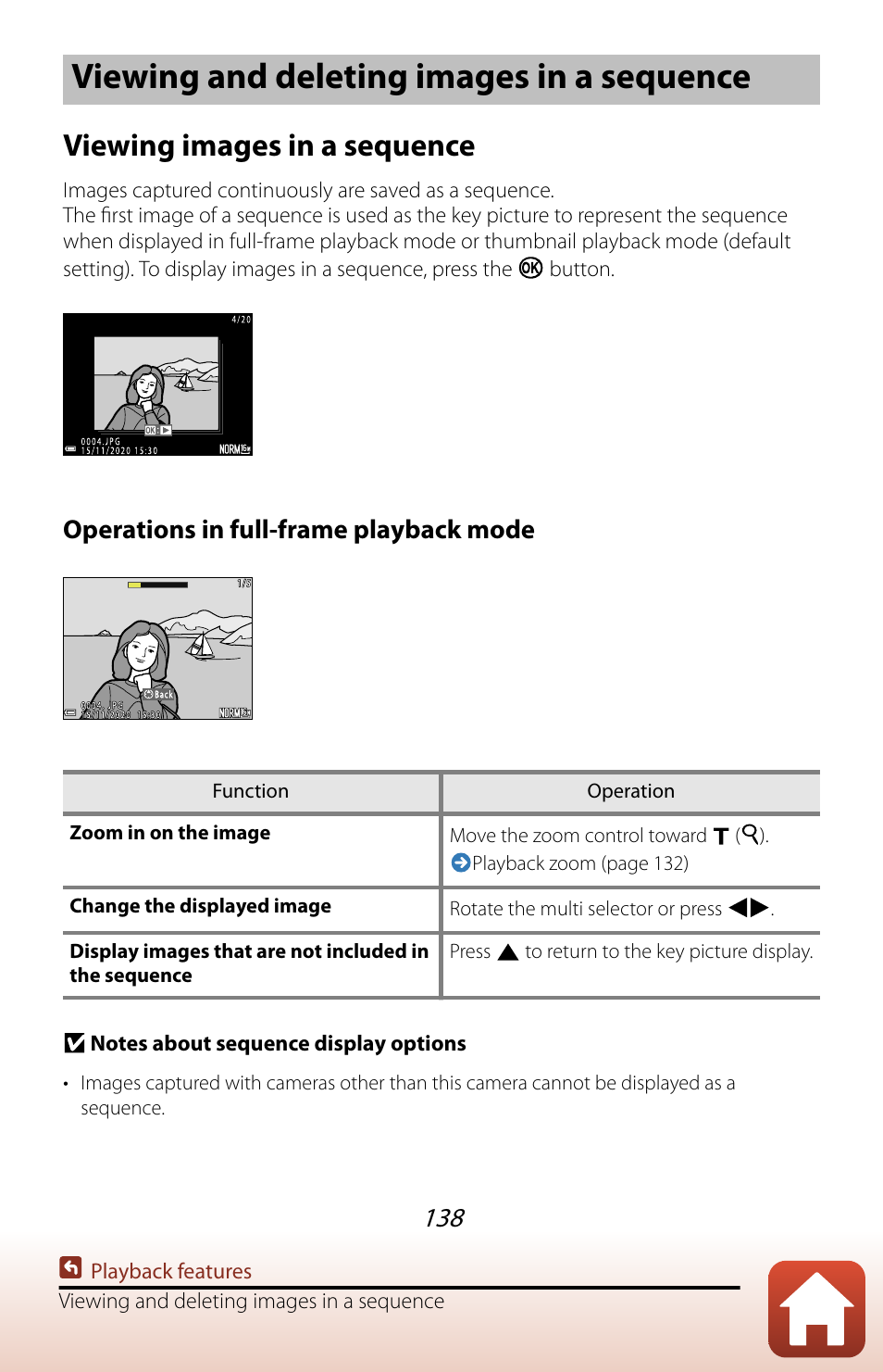 Viewing and deleting images in a sequence, Viewing images in a sequence, Operations in full-frame playback mode | Nikon COOLPIX P950 Digital Camera User Manual | Page 138 / 306