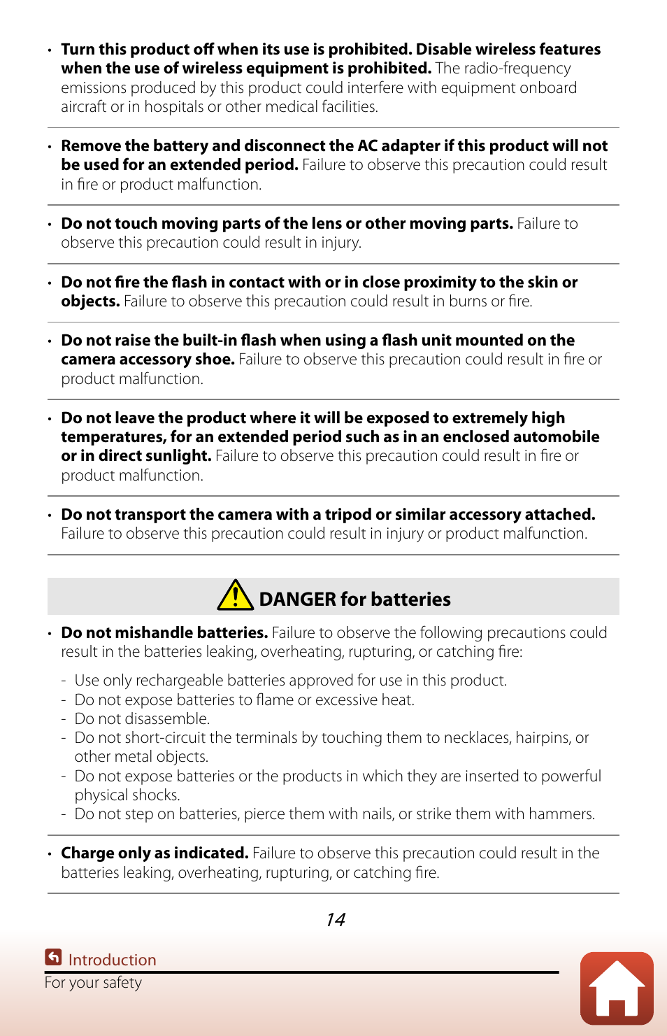 Danger for batteries | Nikon COOLPIX P950 Digital Camera User Manual | Page 14 / 306