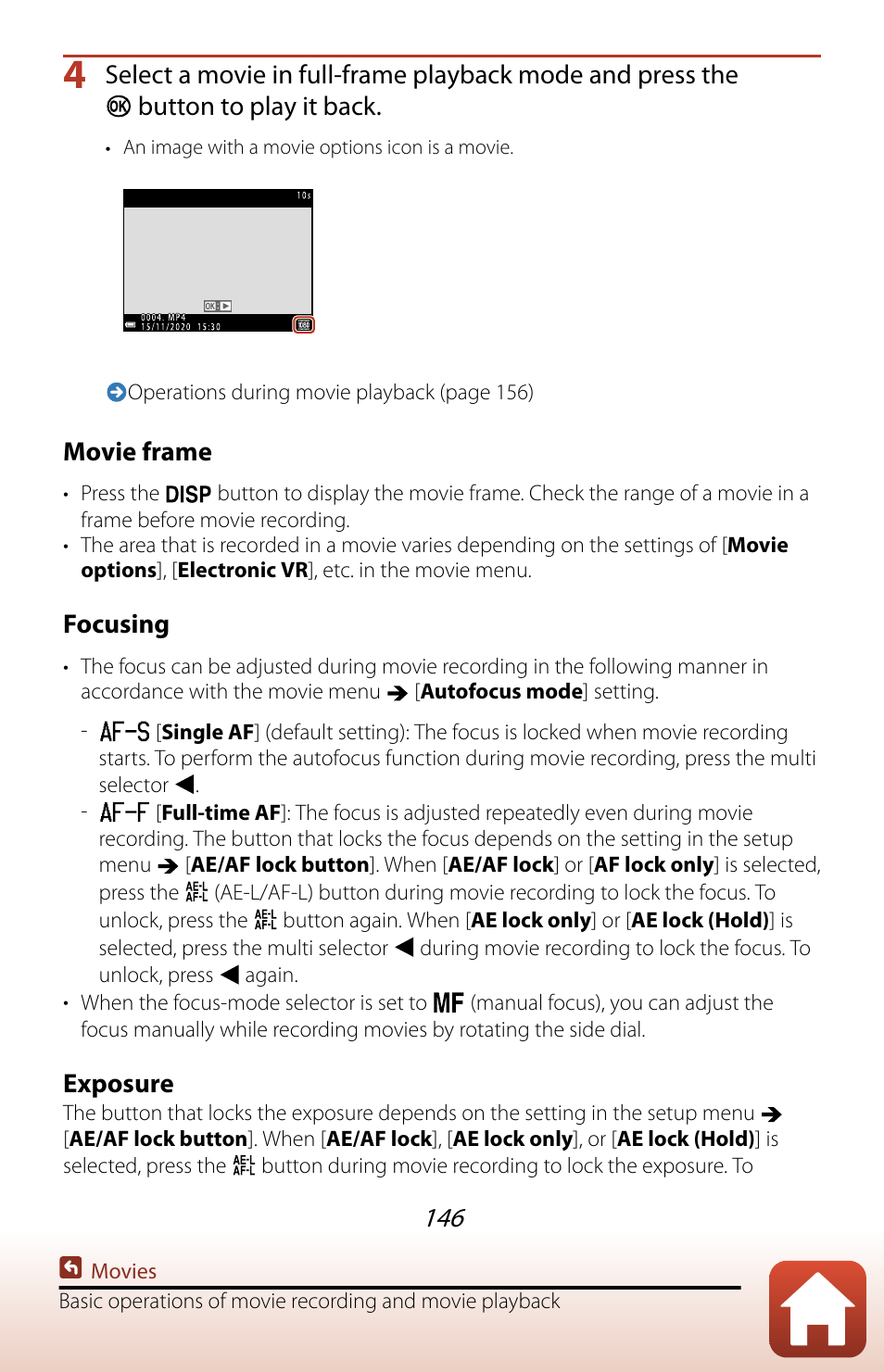 Movie frame, Focusing, Exposure | Nikon COOLPIX P950 Digital Camera User Manual | Page 146 / 306