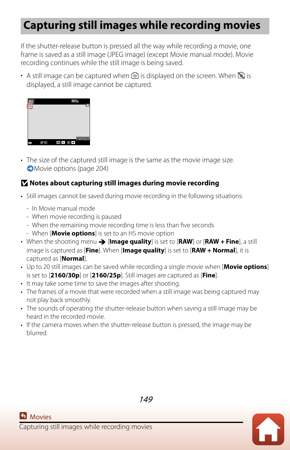 Capturing still images while recording movies | Nikon COOLPIX P950 Digital Camera User Manual | Page 149 / 306