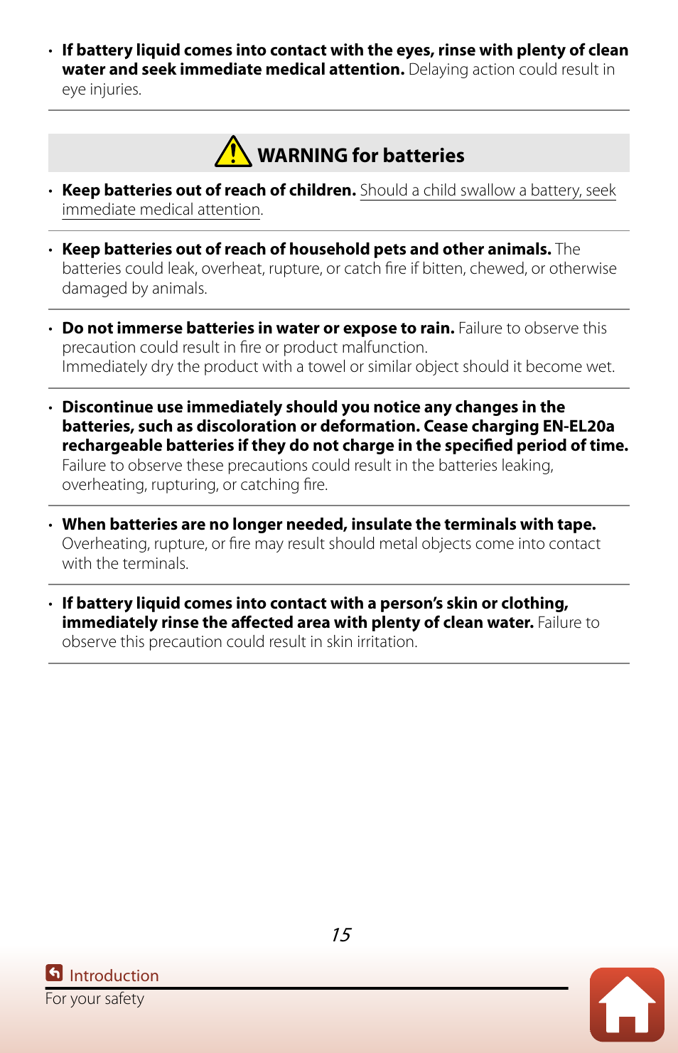 Warning for batteries | Nikon COOLPIX P950 Digital Camera User Manual | Page 15 / 306