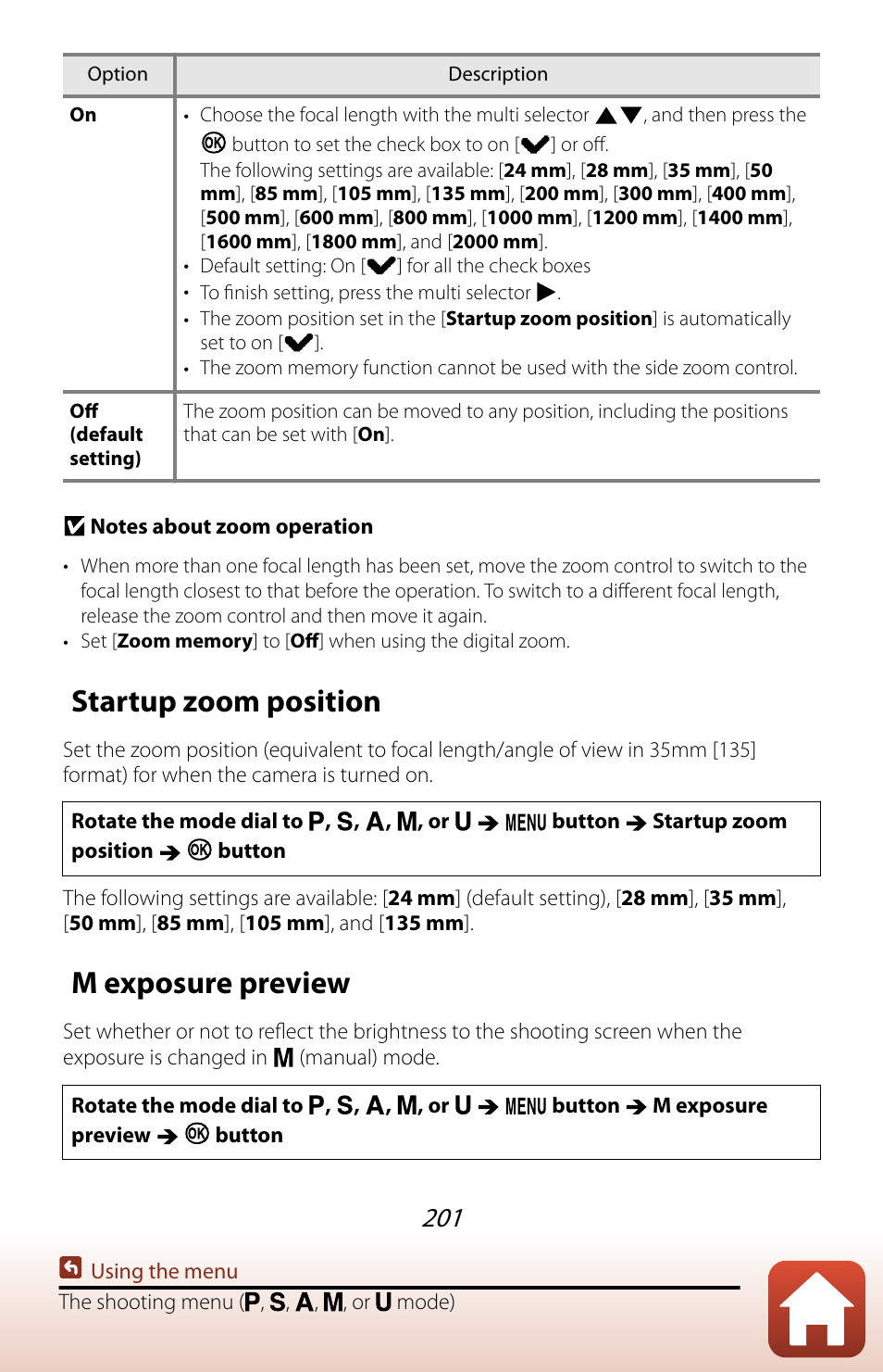 Startup zoom position, M exposure preview | Nikon COOLPIX P950 Digital Camera User Manual | Page 201 / 306