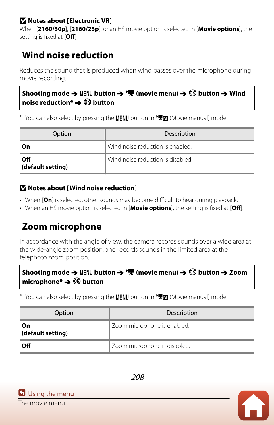 Wind noise reduction, Zoom microphone | Nikon COOLPIX P950 Digital Camera User Manual | Page 208 / 306