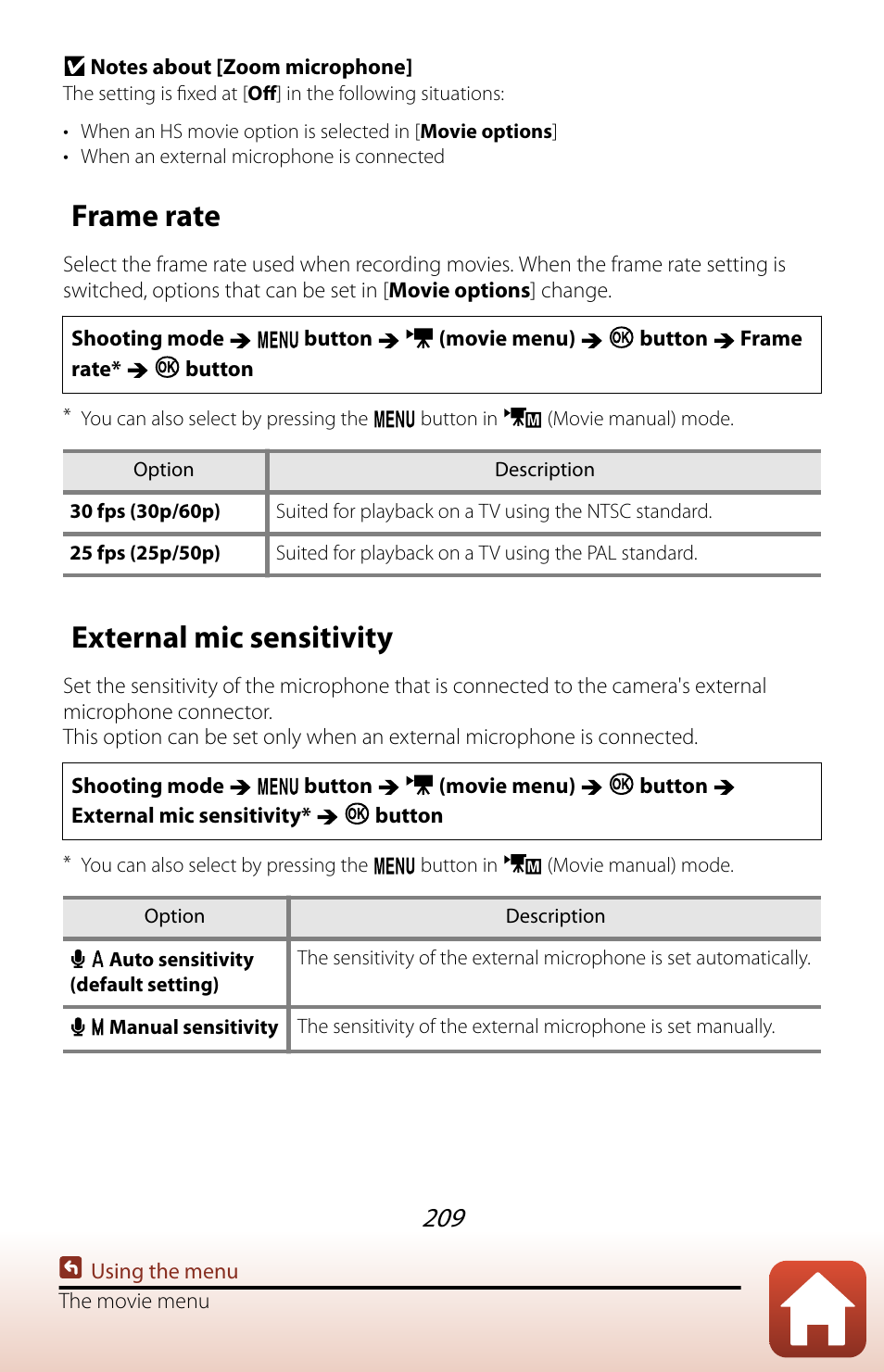 Frame rate, External mic sensitivity, Y depending on | Nikon COOLPIX P950 Digital Camera User Manual | Page 209 / 306