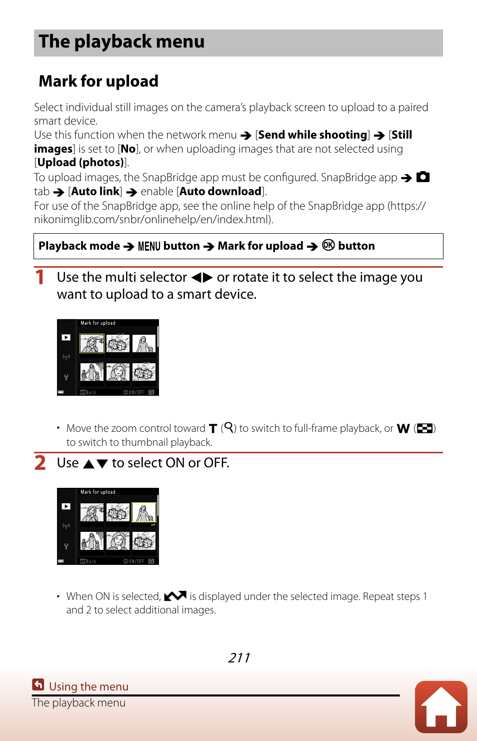 The playback menu, Mark for upload | Nikon COOLPIX P950 Digital Camera User Manual | Page 211 / 306