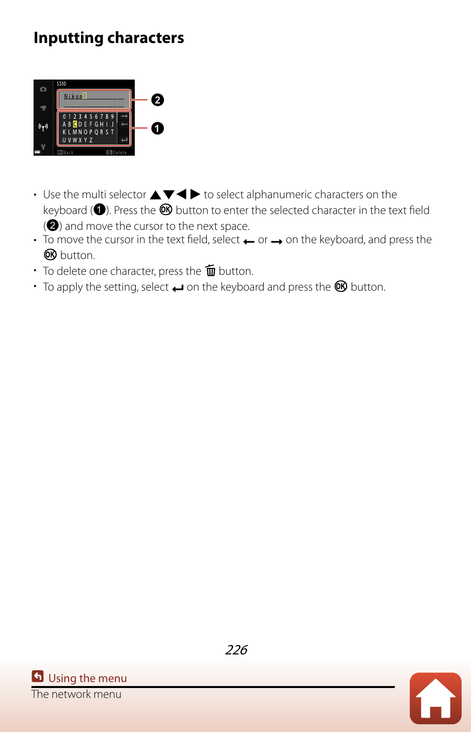 Inputting characters | Nikon COOLPIX P950 Digital Camera User Manual | Page 226 / 306