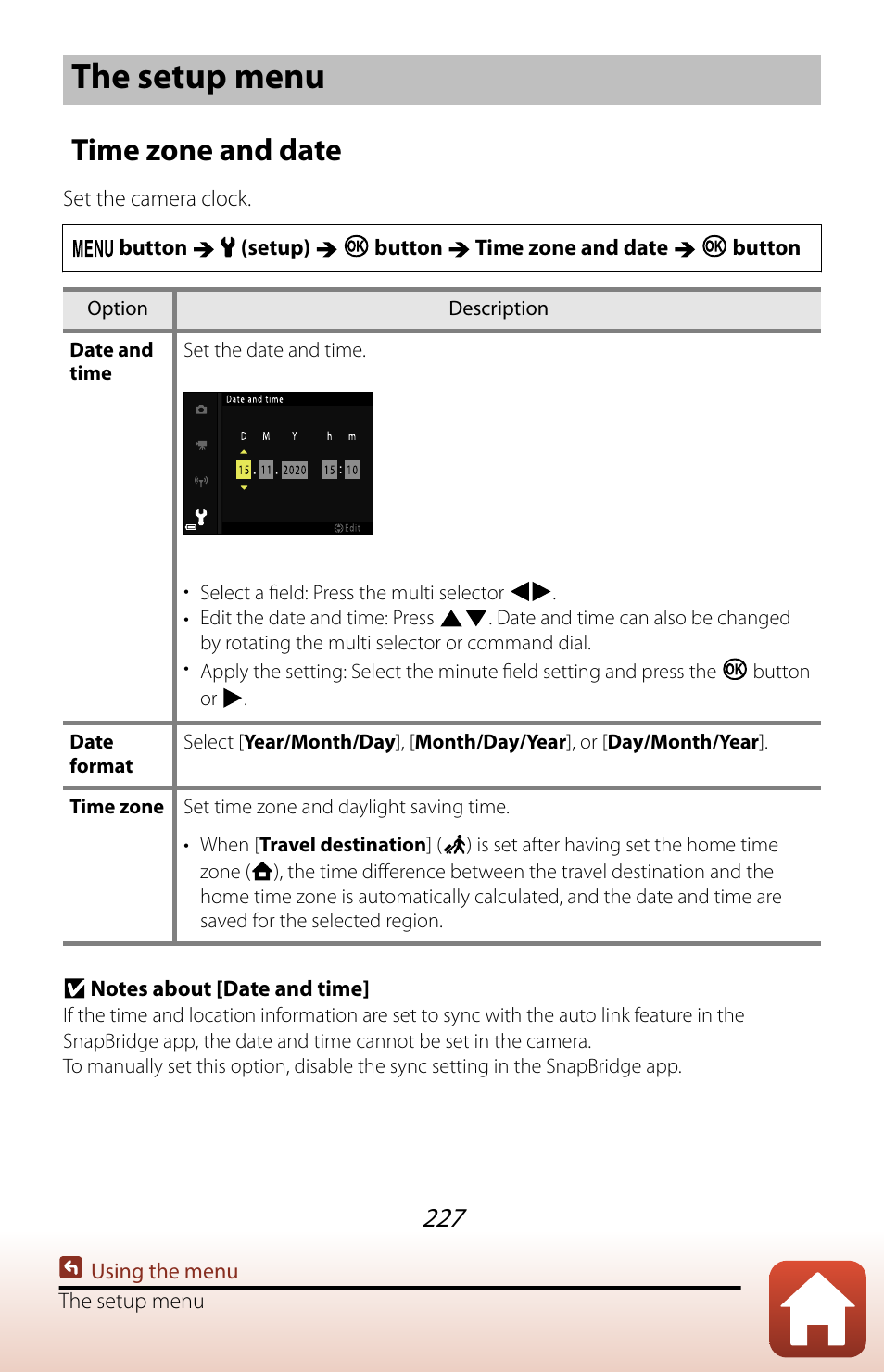 The setup menu, Time zone and date | Nikon COOLPIX P950 Digital Camera User Manual | Page 227 / 306