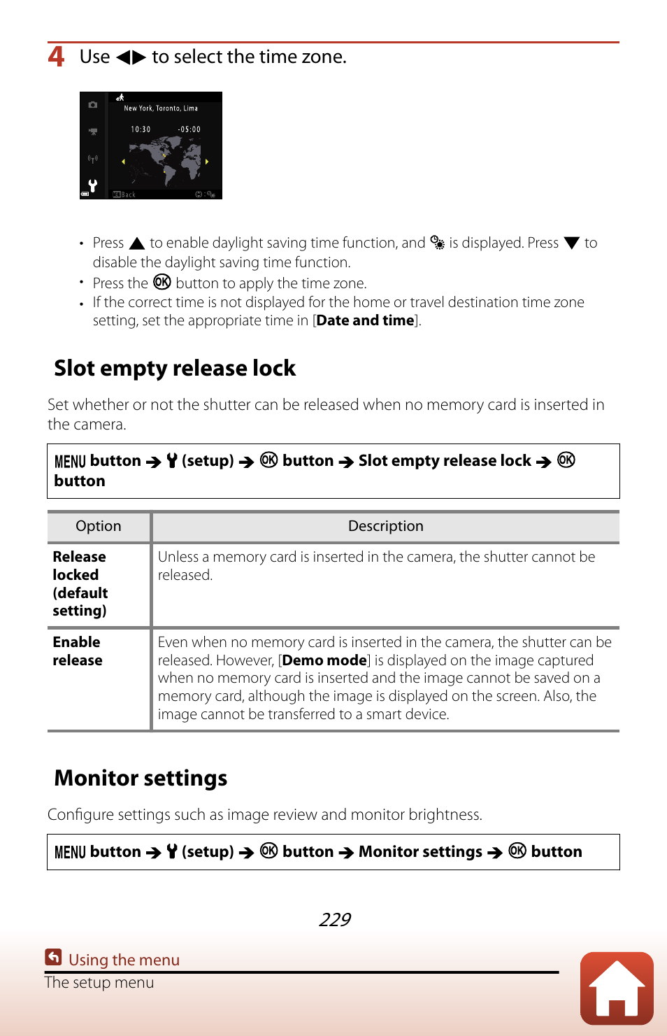 Slot empty release lock, Monitor settings, Use to select the time zone | Nikon COOLPIX P950 Digital Camera User Manual | Page 229 / 306