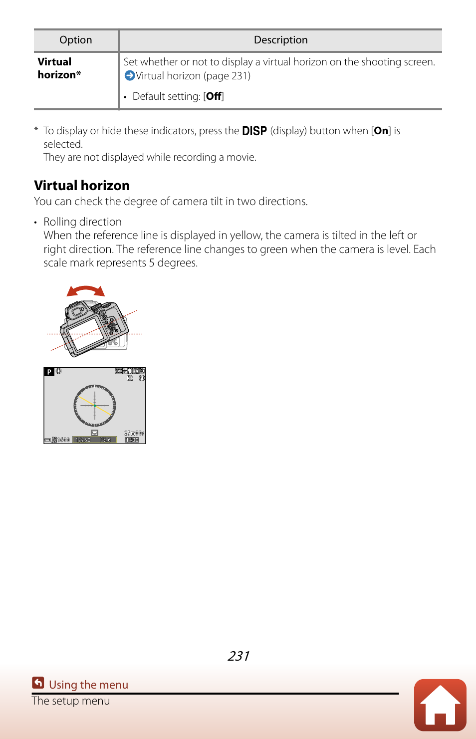Virtual horizon | Nikon COOLPIX P950 Digital Camera User Manual | Page 231 / 306