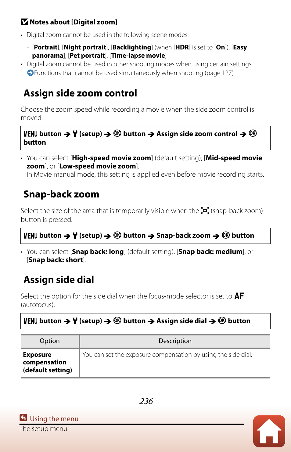 Assign side zoom control, Snap-back zoom, Assign side dial | Nikon COOLPIX P950 Digital Camera User Manual | Page 236 / 306